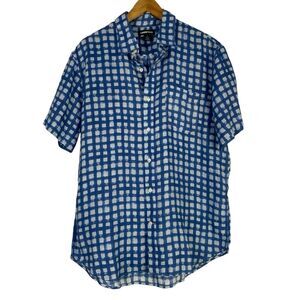 Land's End Men Linen Button‎ Up Large Tailored Fit Short Sleeve Blue White Check